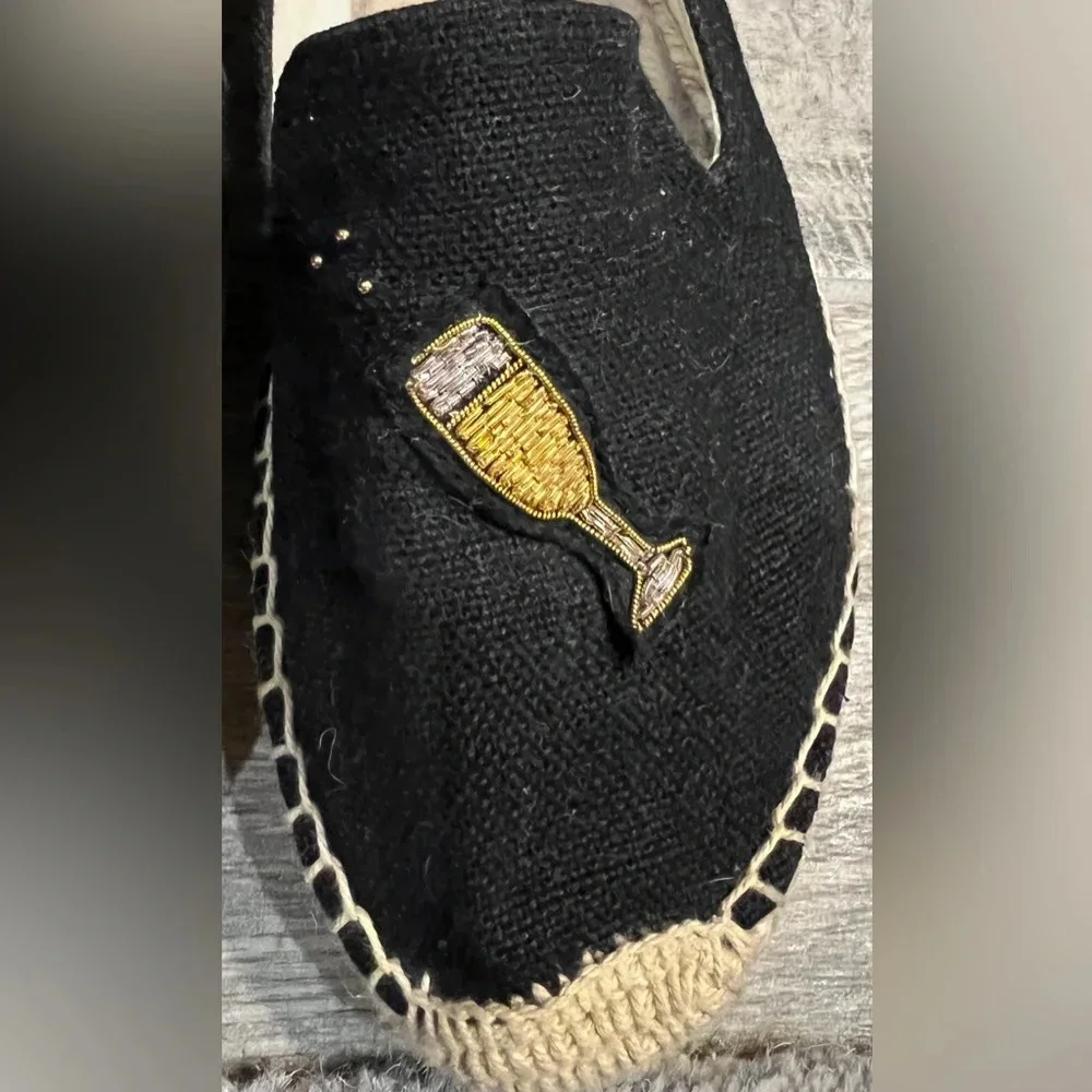 Soludos size 8 Black flat espadrilles beaded wine glass and wine bottle decor